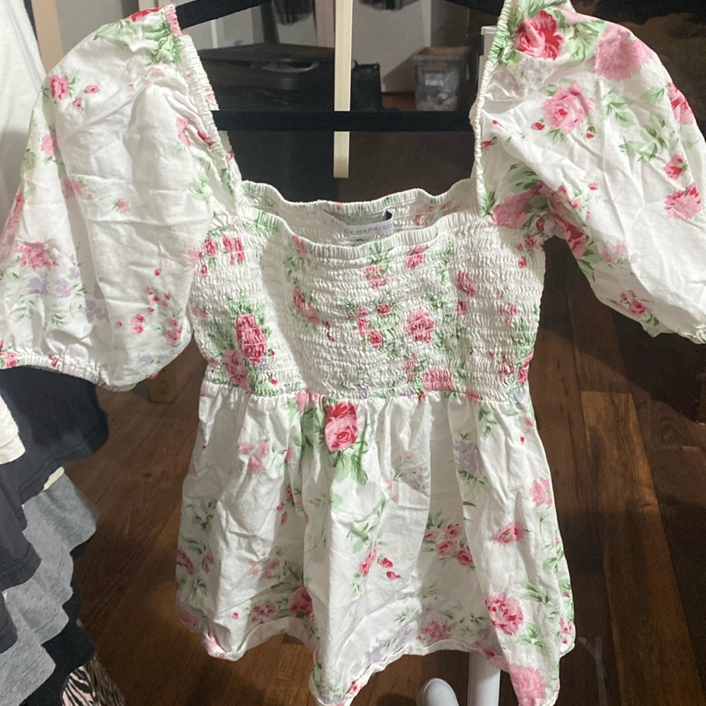 White Shirt with pink flowers blossoms blooms